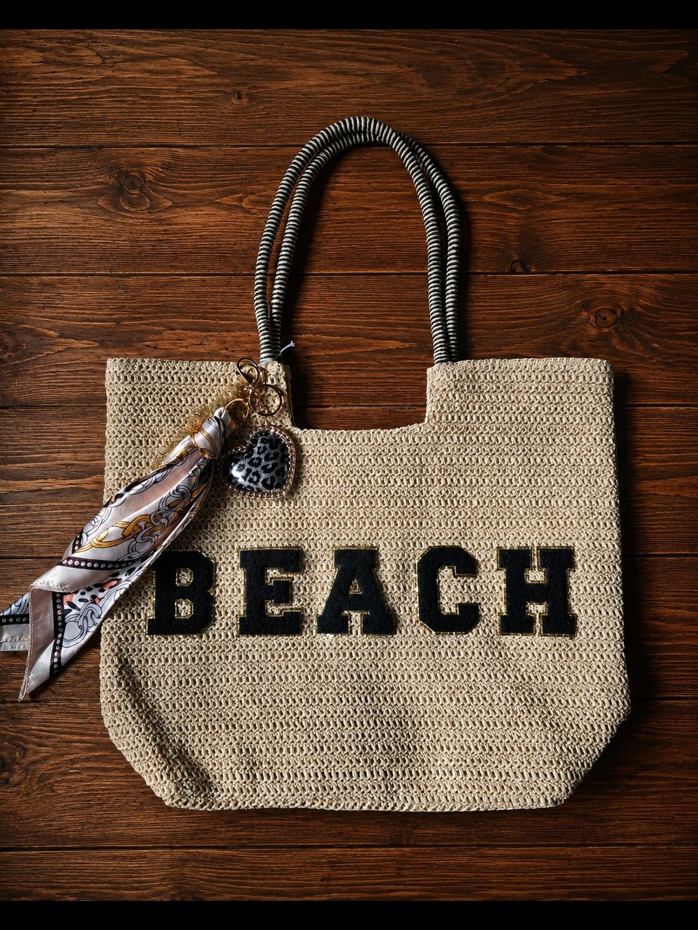 BEACH Straw Woven Tote Bag with Black Raised Lettering And Charms NEW
